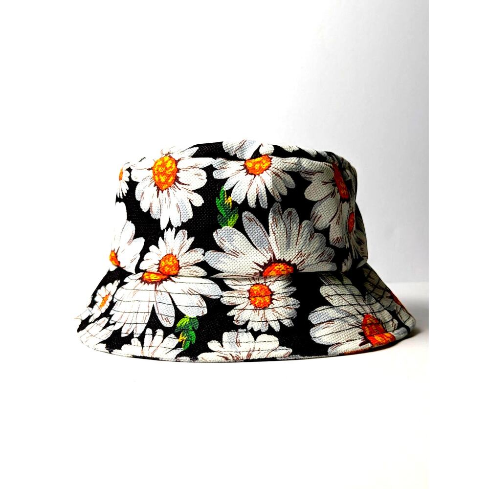 Black White Daisy floral bucket Hat - Woman's One Size - Festival Sun Hat